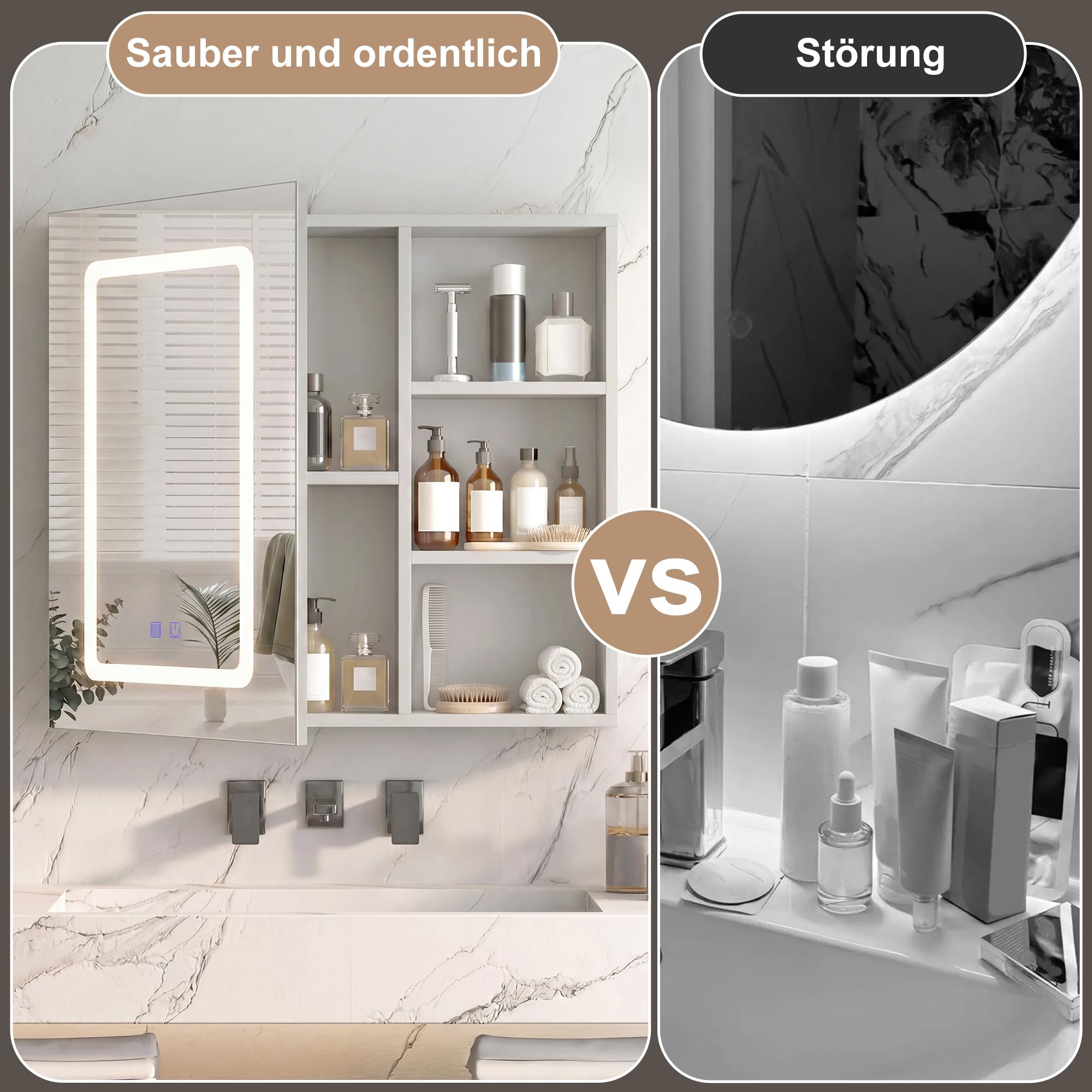 DULRLLY Spiegelschrank Bad mit Beleuchtung 60 cm, Badezimmerschrank mit Spiegel 3 Farbtemperaturen, Entfeuchtungsfunktion,Verstellbare Ablagefächern, Dimmbarer Badezimmer Hängeschrank, 60x60x15 cm