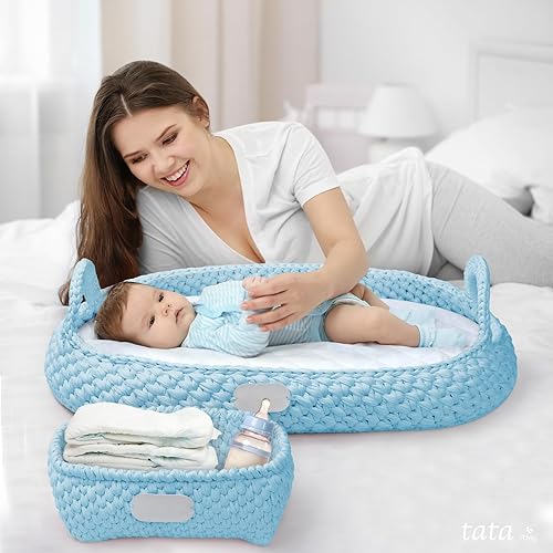 Miniatura 6 de Cesta cambiadora de bebé para tocador  Cesta de moisés hecha a mano de ganchillo para bebés  Cesta cambiadora de pañales 100% algodón con 2 fundas