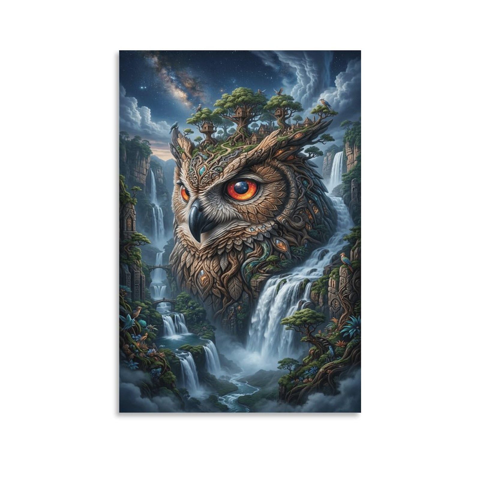 XPASHIQWC Owl Poster Artwork Forest Waterfall Canvas Prints Picture Modern Wall Art Picture Wall Hanging for Office Gym Living Room Decor 20x30inch(50x75cm)