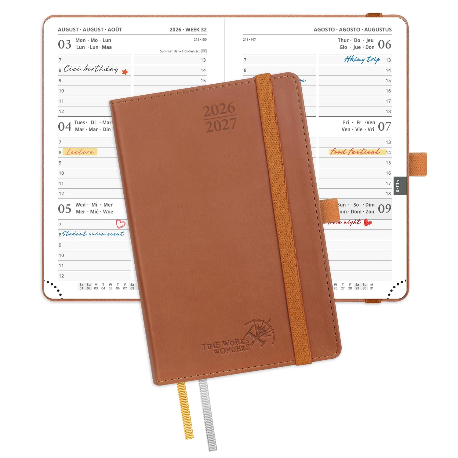 POPRUN 2026-2027 A6 Academic Pocket Diary Week to View Small PU Leather Cover (16x10.5 cm) 17 Months (Aug'26 - Dec'27), 26/27 Mid Year Weekly Planner(Brown)