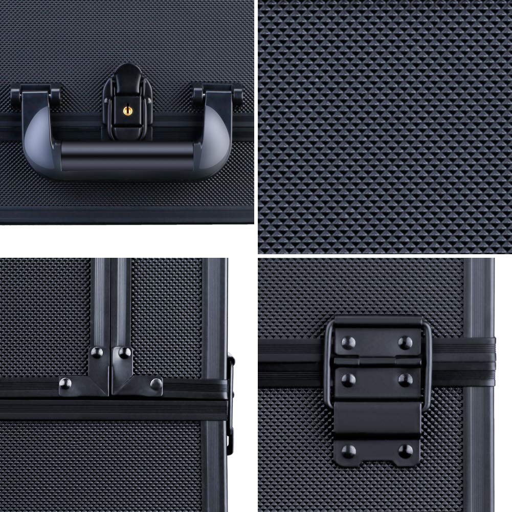 OUDMAY Makeup Case - Professional Portable Aluminum Cosmetics Storage Box With Locks and 2-Deck Folding Trays Punctate Black