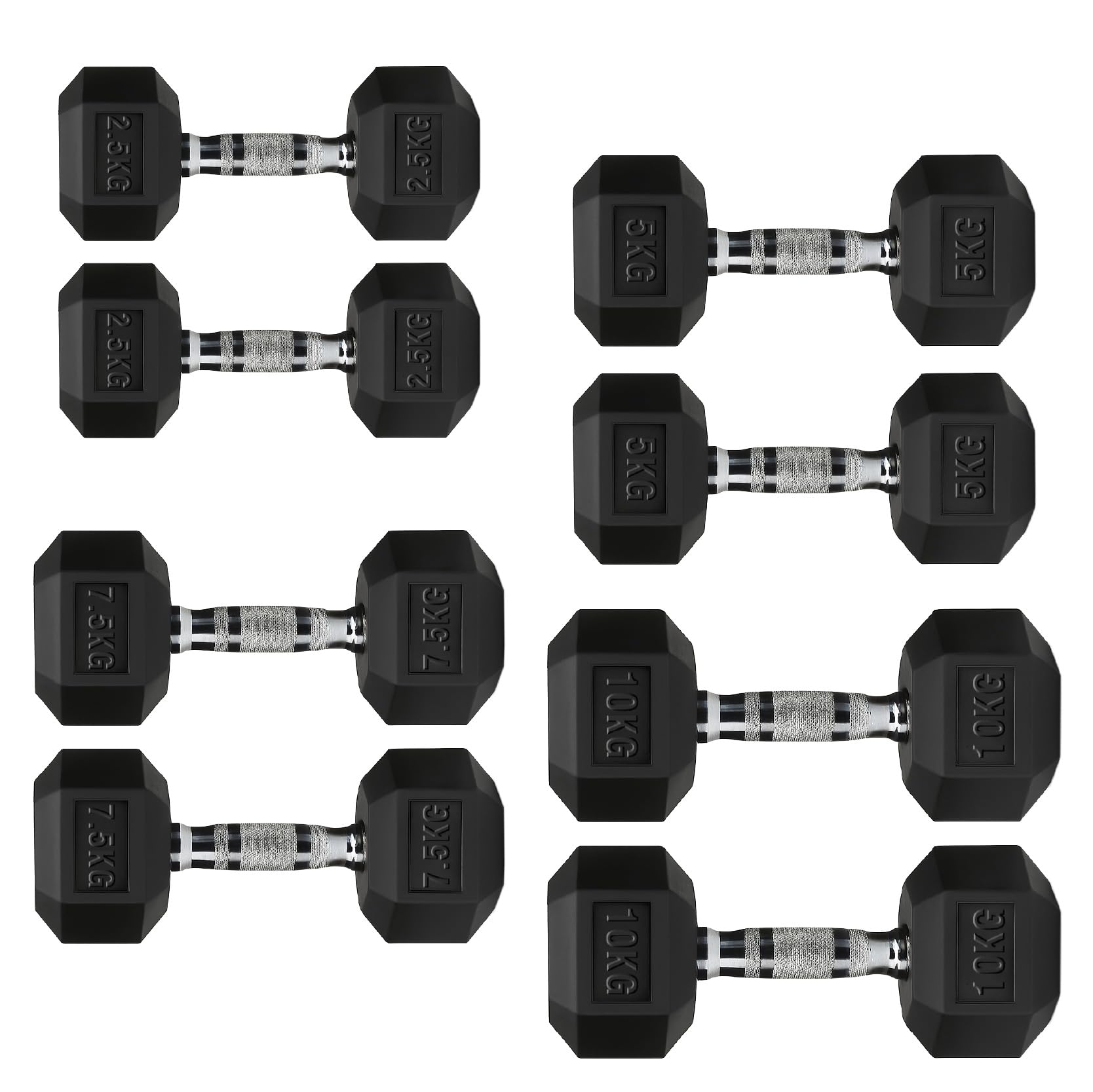 Hex Dumbbells Rubber Coated Cast Iron, Knurled Metal Handles, Anti-Roll Hex Design for Home Gym Strength Training and Weight Lifting, 1kg to 30kg Pairs and Sets (2.5 to 10kg Set- 2.5kg Increment)