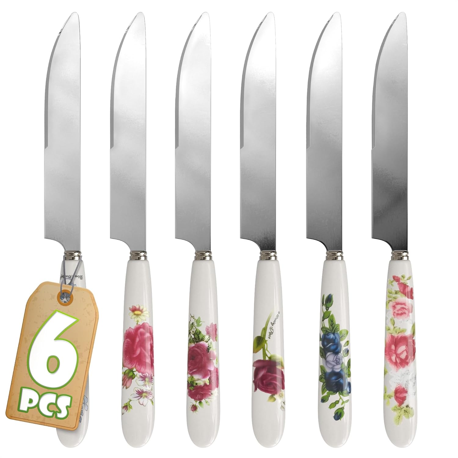 Floral Butter Knife Set of 6 – Floral Knife Set with Easy-to-Grip Fancy Ceramic Handles, Serrated Stainless Steel Blade – Sturdy, Polished, Dishwasher-Safe Design for Daily Use & Festive Occasions