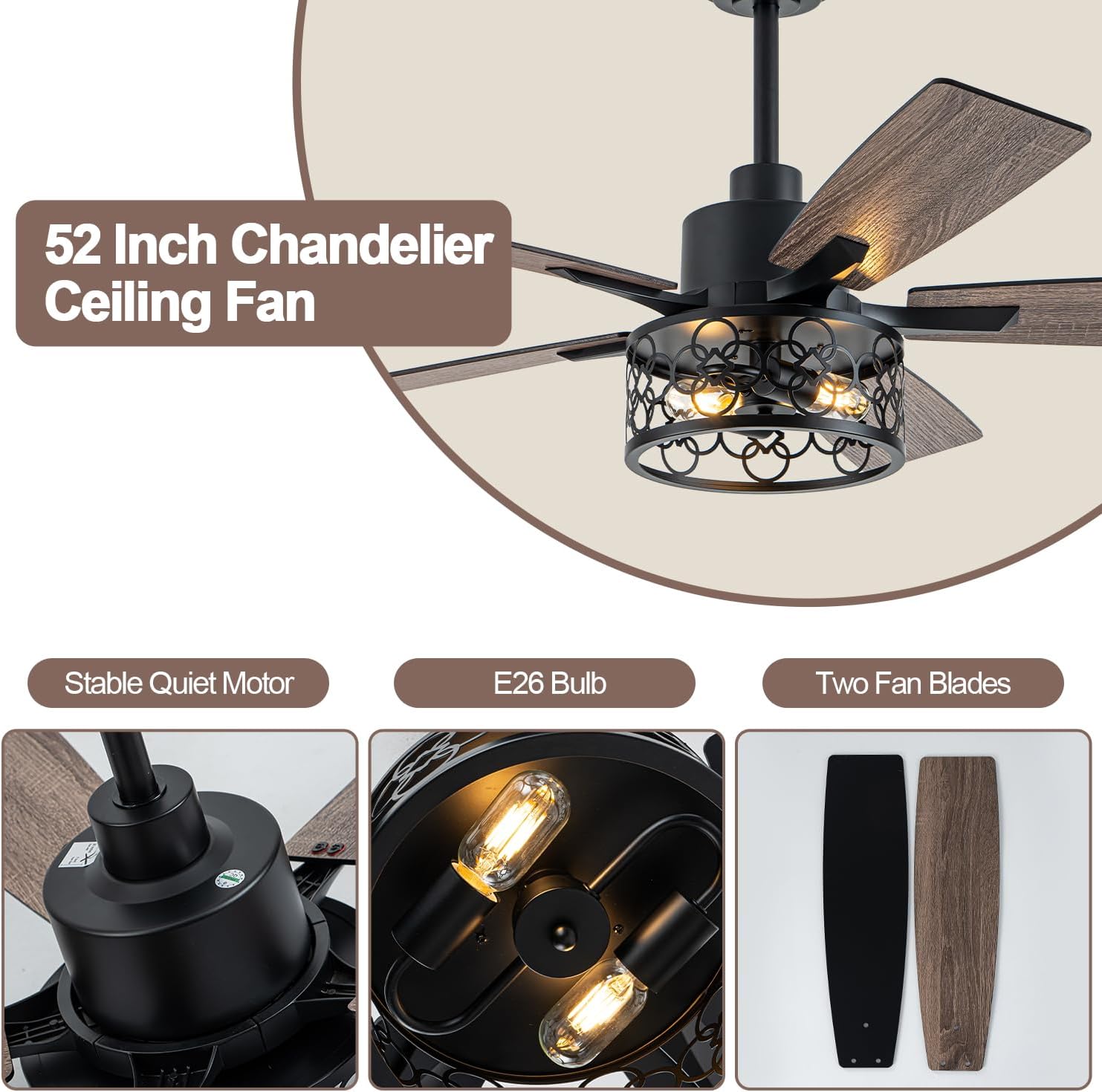 52 Inch Farmhouse Ceiling Fan with Light Industrial Ceiling Fan Rustic Caged Chandelier Fan for Living Room Bedroom Patio