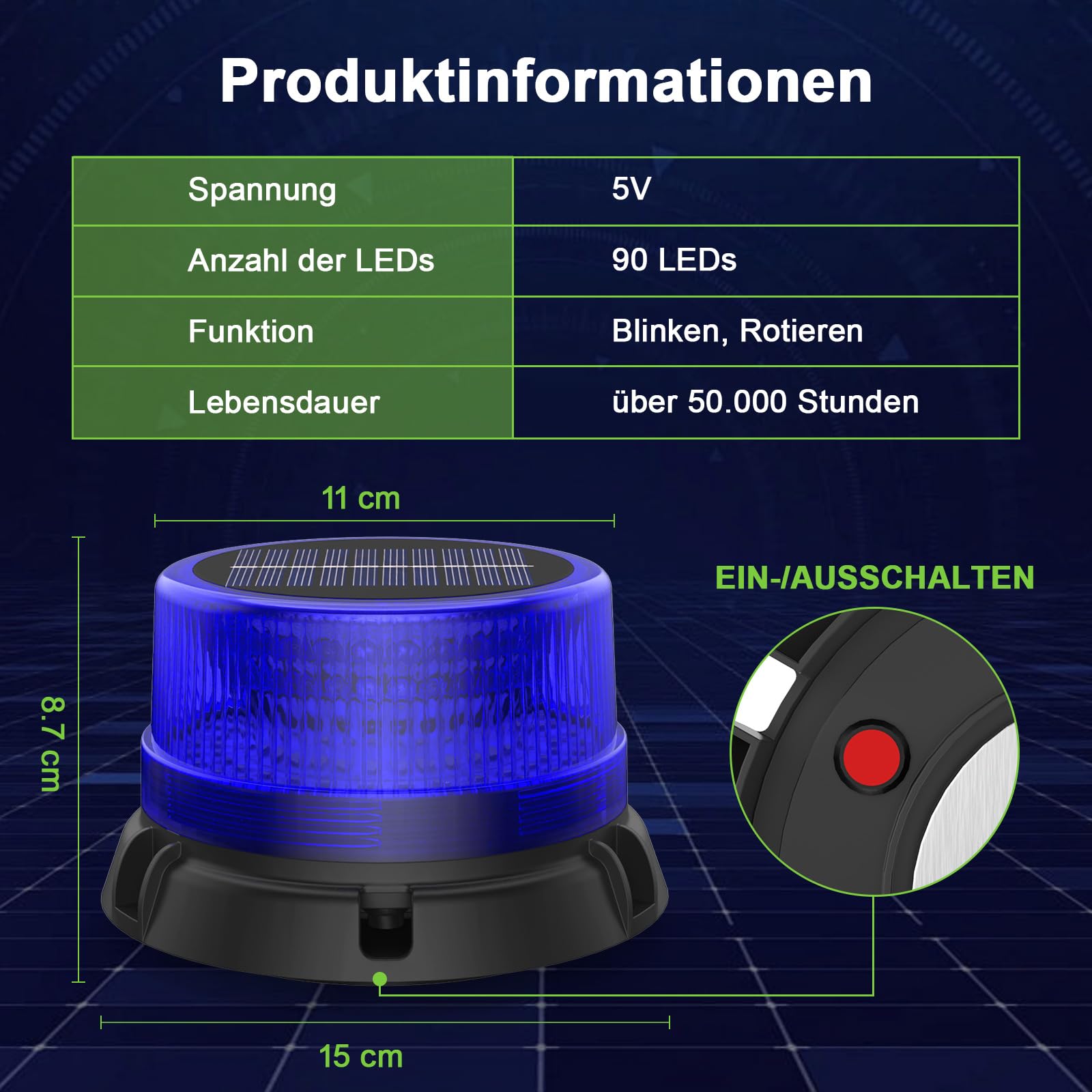 Energia słoneczna Magnetyczna lampa błyskowa LED Niebieska bateria z kablem USB 1,4 metra, akumulatorowa lampka ostrzegawcza LED do wózka widłowego, ciągnika, przyczepy śnieżnej
