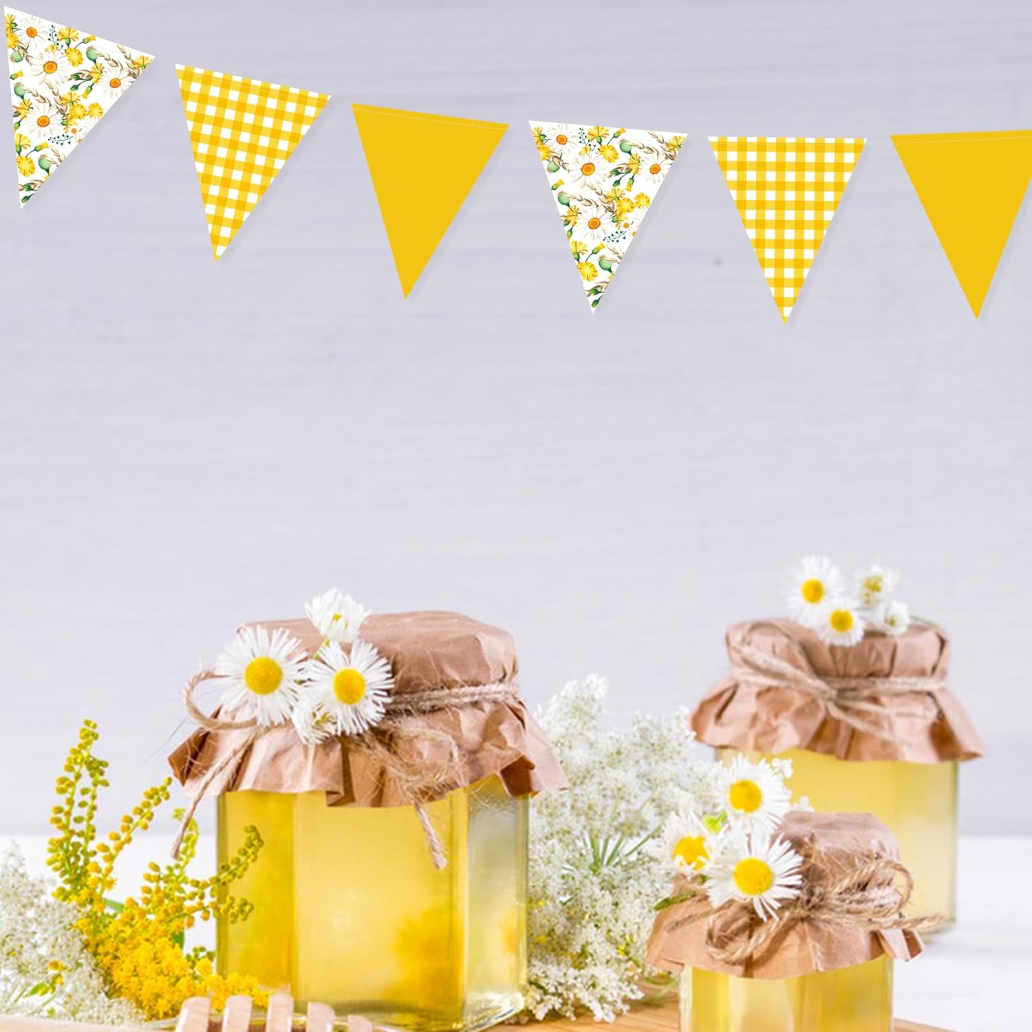 44Ft Daisy Party Decoration Yellow Buffalo Plaid Floral Daisy Banner Bunting Hanging Paper Triangle Garland for Spring Birthday Wedding Bridal Shower Engagement Bachelorette Baby Shower Party Supplies - Image 4
