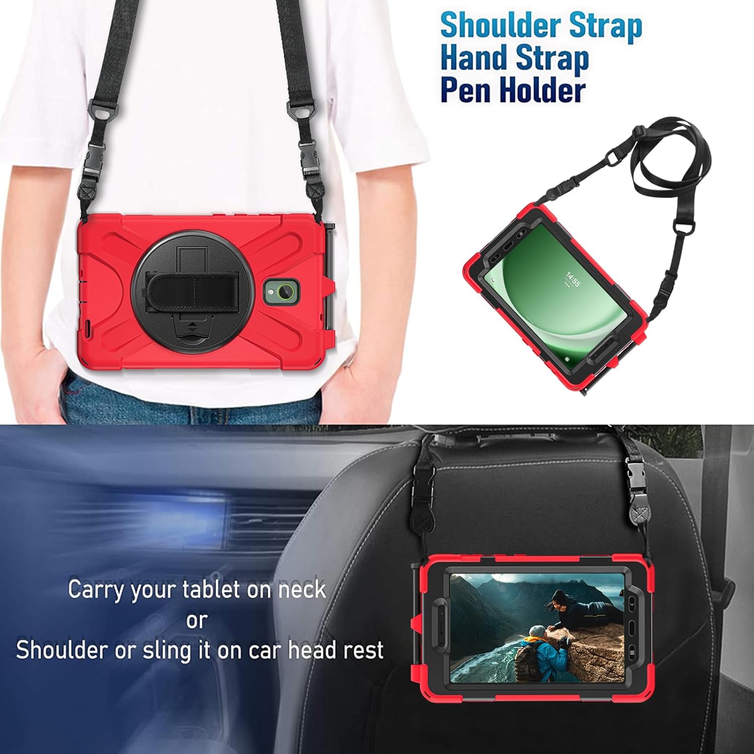 Compatible with Samsung Galaxy Tab Active 5/Tab Active 3 8 Inch (SM-X300/X306B/T570/T575) - Heavy Duty Shockproof Rugged Case with Kickstand, Shoulder Strap, Handle & Anti-Slip Grip (Red)