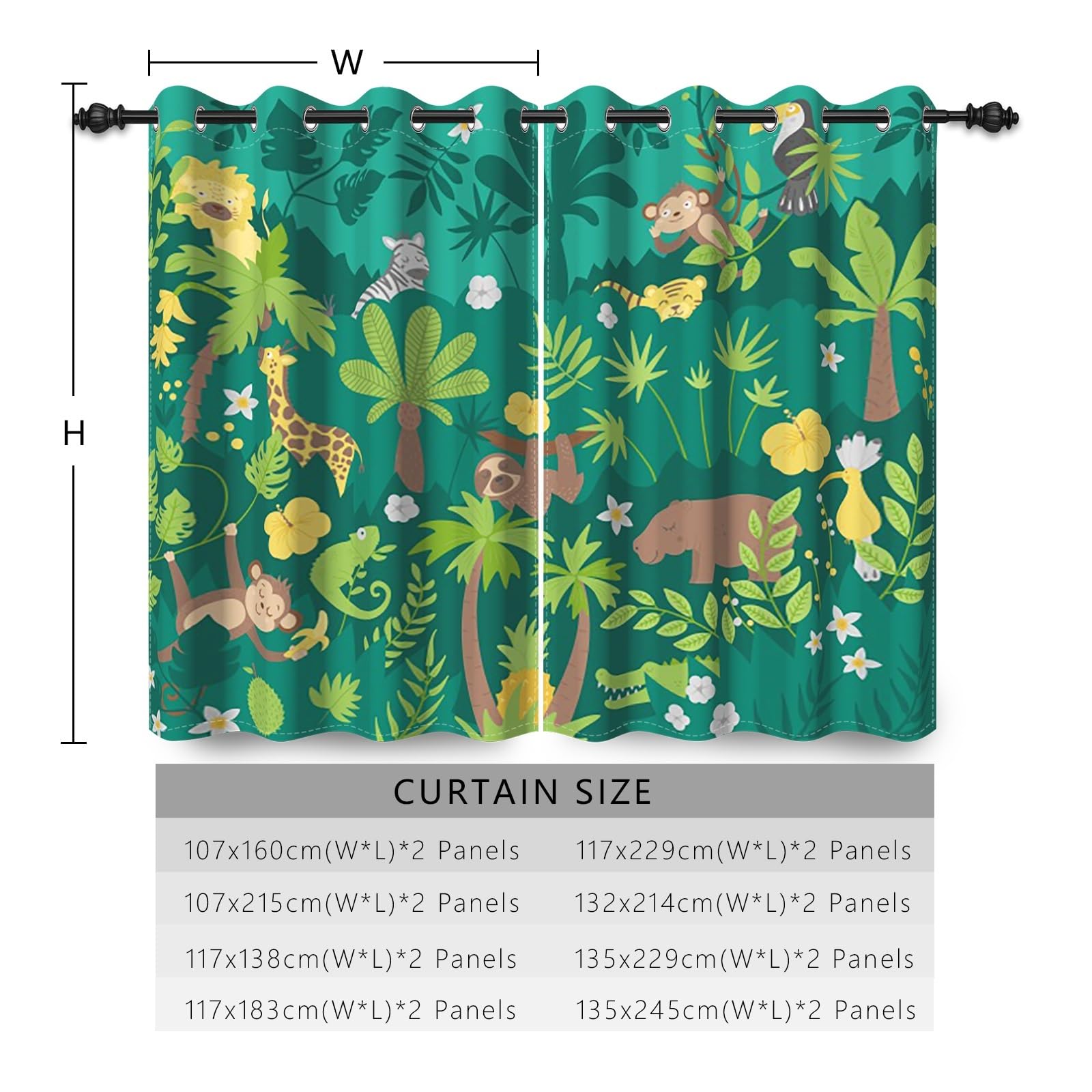135x229cm Cartoon Tiere Ösenvorhang für Kinderzimmer Grüner Wald Tropisch Bunt Niedlich Zoo Ösenvorhänge Verdunkelungsvorhänge Fenstervorhänge für Jungenzimmer Wohnzimmer,2 paneel