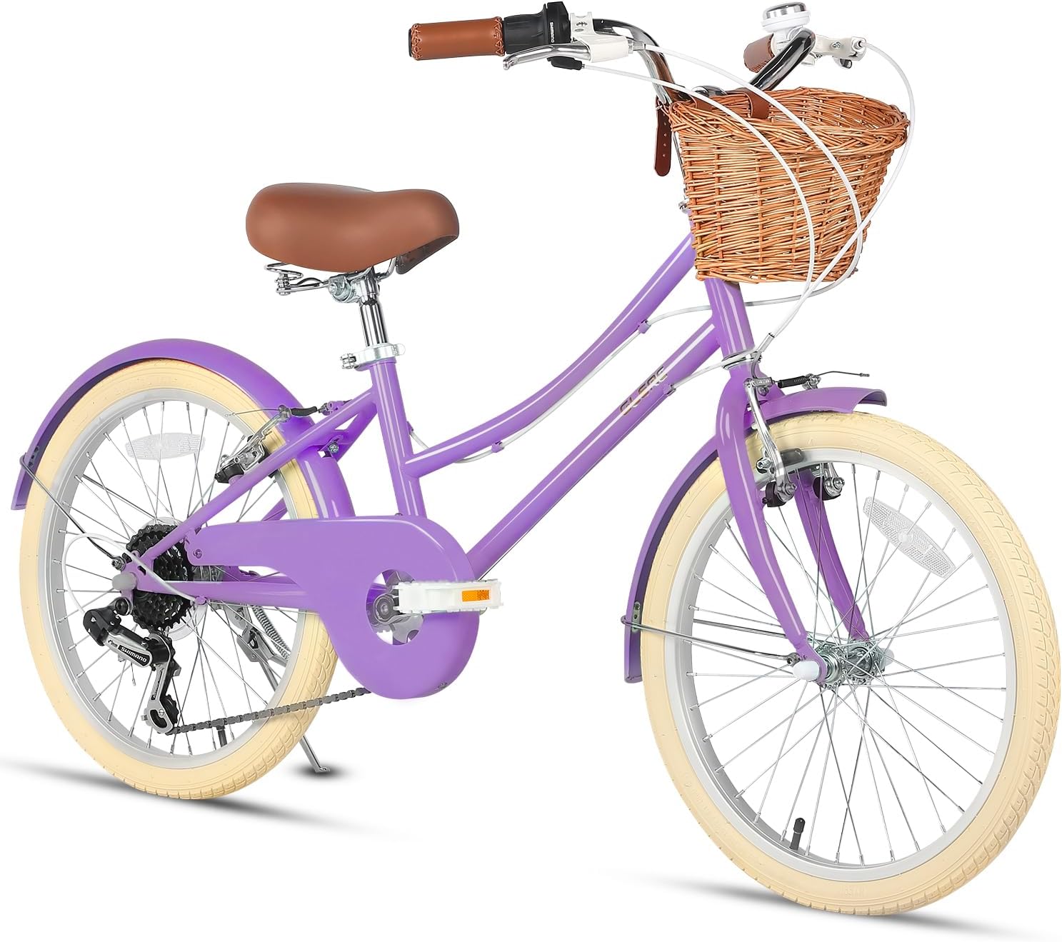 Color purple Glerc 20 24 26 Inch Beach Cruiser Bike, 6-Speed Hybrid City Bicycle for Girls Youth and Over 6 Years Old, Missy Bike with Wicker Basket & Lightweight, Multiple Colors