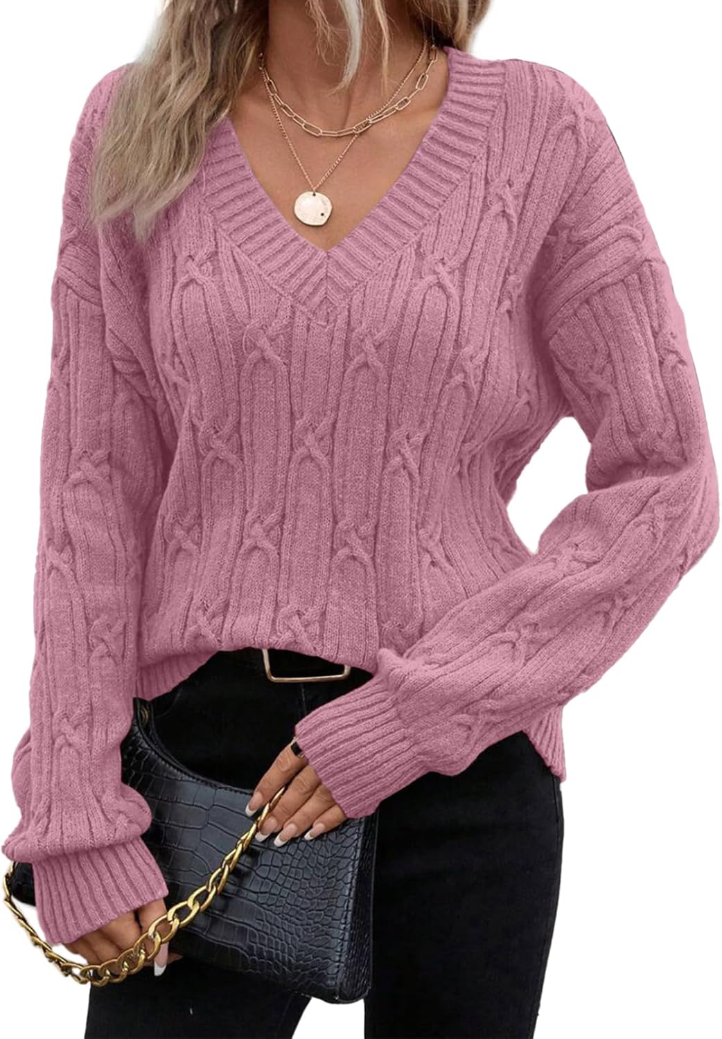 SHEWIN Womens Sweaters Casual V Neck Long Sleeve Cable Knit Crochet Sweater Spring Outfits for Women 2026