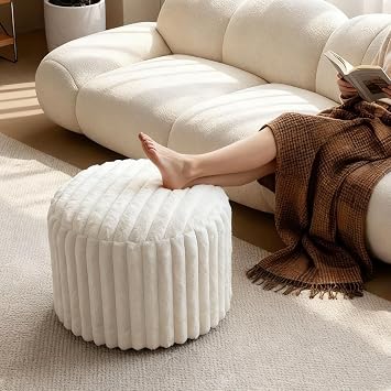 Round Stuffed Pouf Ottoman, Stripe Faux Fur Footrest, Solid Block Support+Soft Cushion Comfort, Removable Washable Cover, 20" Floor Pouf for Living Room Bedroom Dorm Vanity, Cream Beige