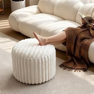 DAWNYIELD Luxury Round Stuffed Floor Poufs Ottoman, Stripe Faux Fur Footrest with Dual Layer Comfort, Removable Washable Cover, 20"x15" Plush Pouf Shaggy Stool for Living Room Bedroom Vanity, Beige