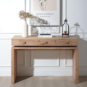 47-Inch Wood Console Table for Entryway Living Room, Long Rectangular Sofa Tables with 3 Drawers, Natural Wooden Base for Home Hallway Couch Foyer Entrance, Natural