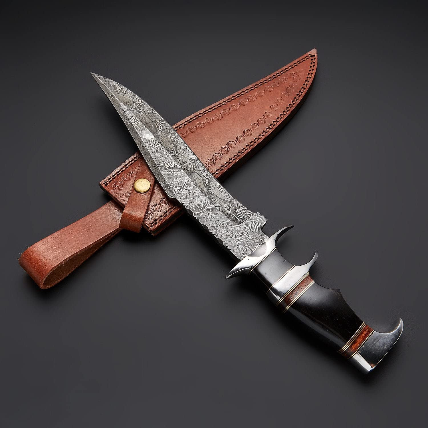 Amazon.com : 14 Inches Custom Handmade Damascus Steel Double Guarded Bowie  Knife with Leather Sheath : Sports & Outdoors