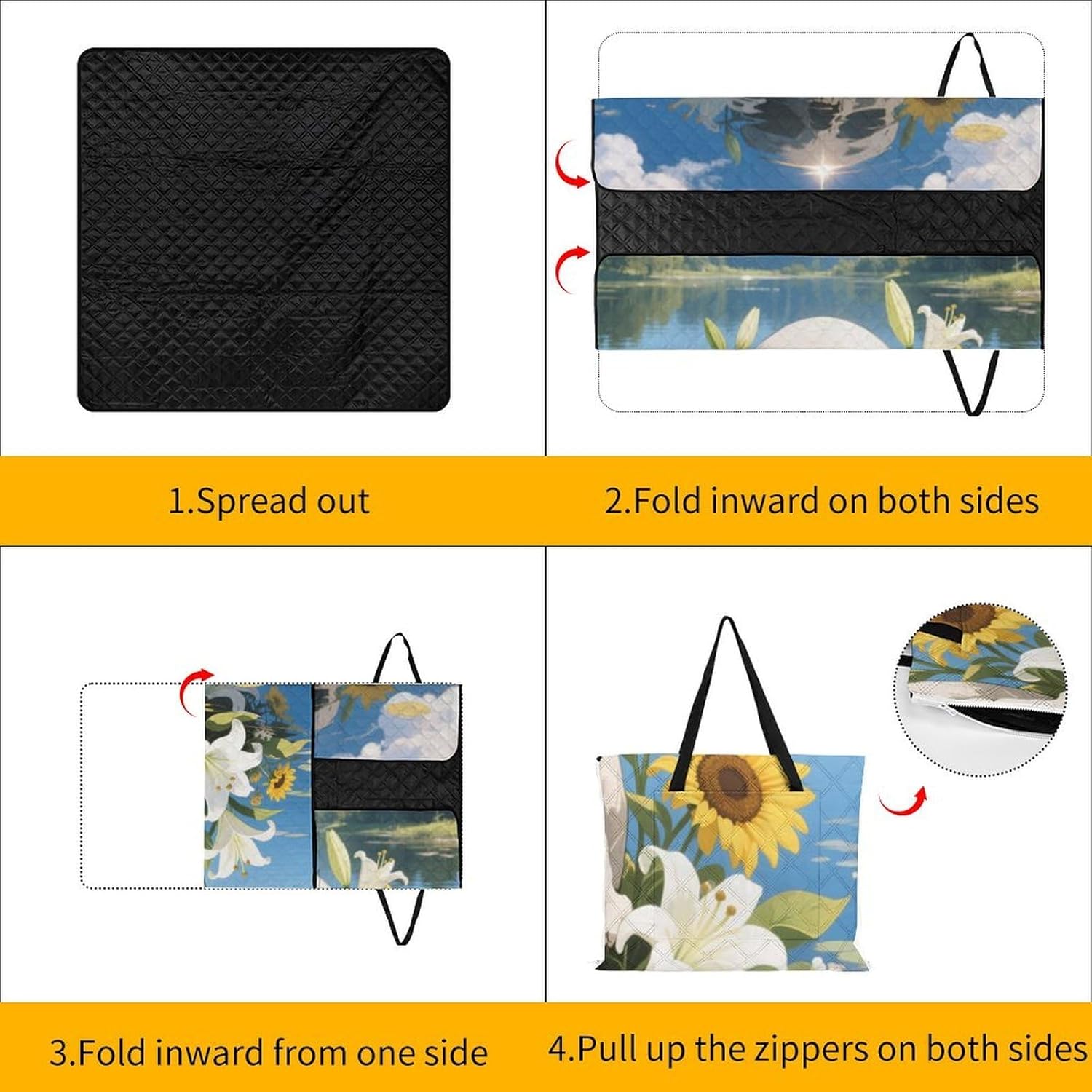 Human Skull Flowers Leaves Picnic Blanket 150x150cm, Foldable 2-in-1 Picnic Mat and Tote Bag Portable Waterproof Beach Mat Sandproof Outdoor Blanket for Park, Hiking, Beach, Camping, Travel