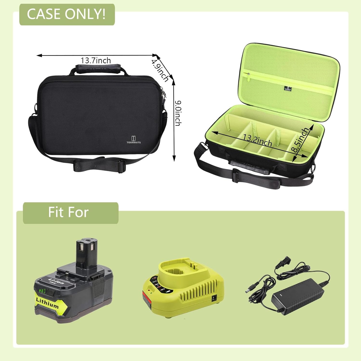 Tourmate Hard Storage Case for 18V Battery and Charger Combo for Ryobi 18 Volt Cordless Tools Battery - Travel Case for Freely DIY(Box for Sale) (Black & Green)