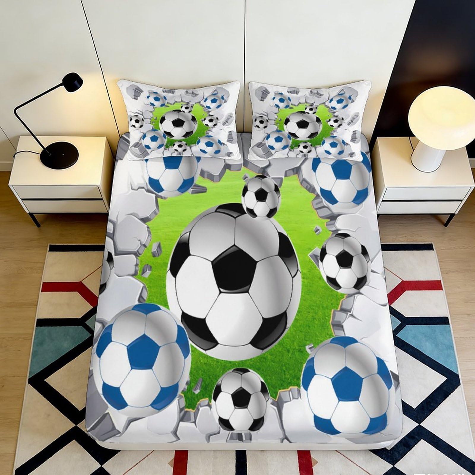 3D Printed Football Splash Fitted Sheet Microfiber Blue Green Soccer Ball Mattress Cover for Bedroom Decor 90x200x25cm