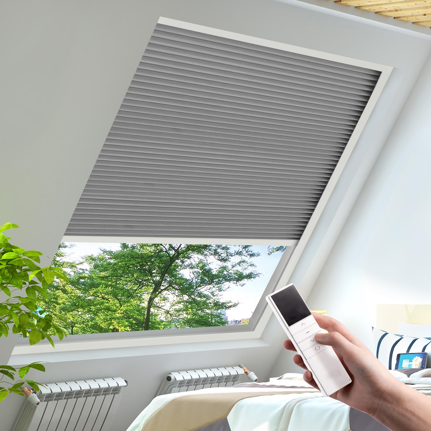 YESCENT Motorized Honeycomb Shades Cordless Over-size Customized Cellular Blinds Window Shades for Skylight Roof Inclined Plane Room Windows-light grey(93021E)