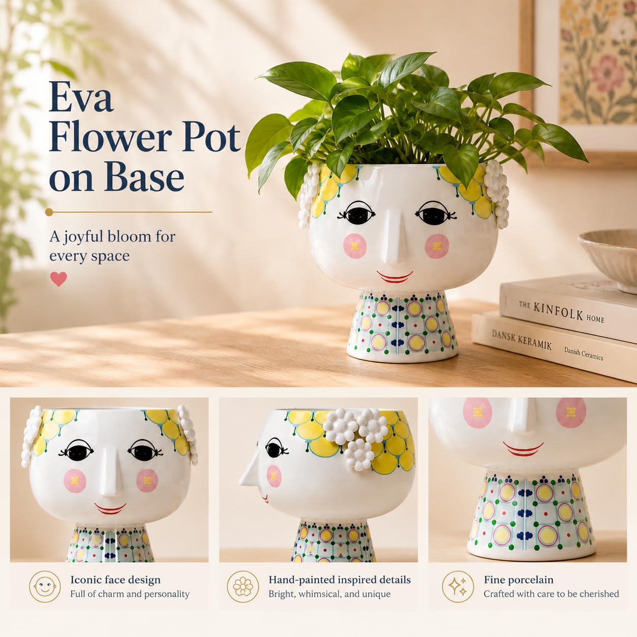 Bjørn Wiinblad Übertopf mit Fuß Ø15.5 cm Eva verspielte Details für Blumen, gelb