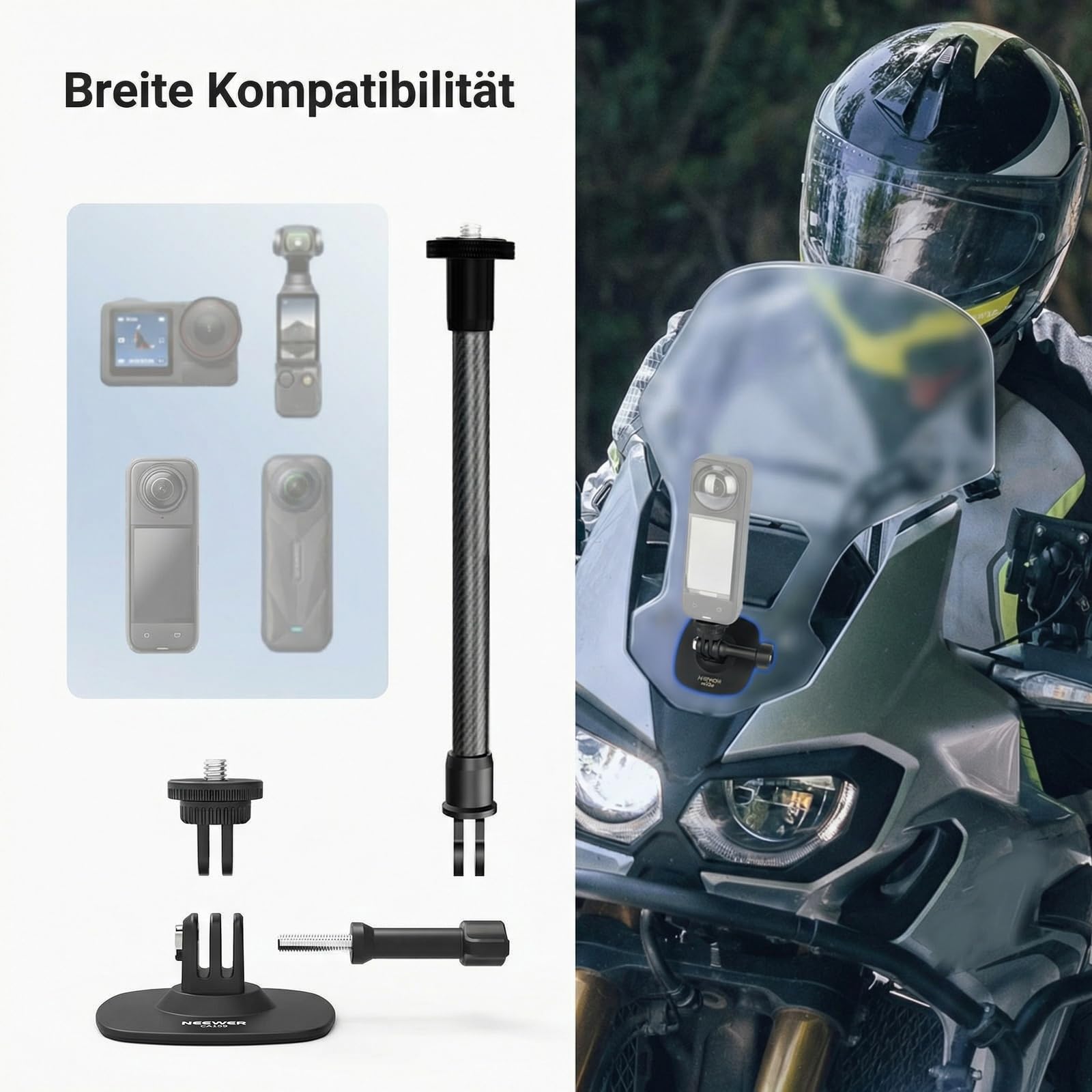 NEEWER Flexible Helmhalterung mit Verlängerungsstange kompatibel mit Insta 360 GoPro DJI, selbstklebende Action Cam Halterung Basisadapter für POV Videoaufnahmen Live Streaming, für 1/4" Zubehör AC060
