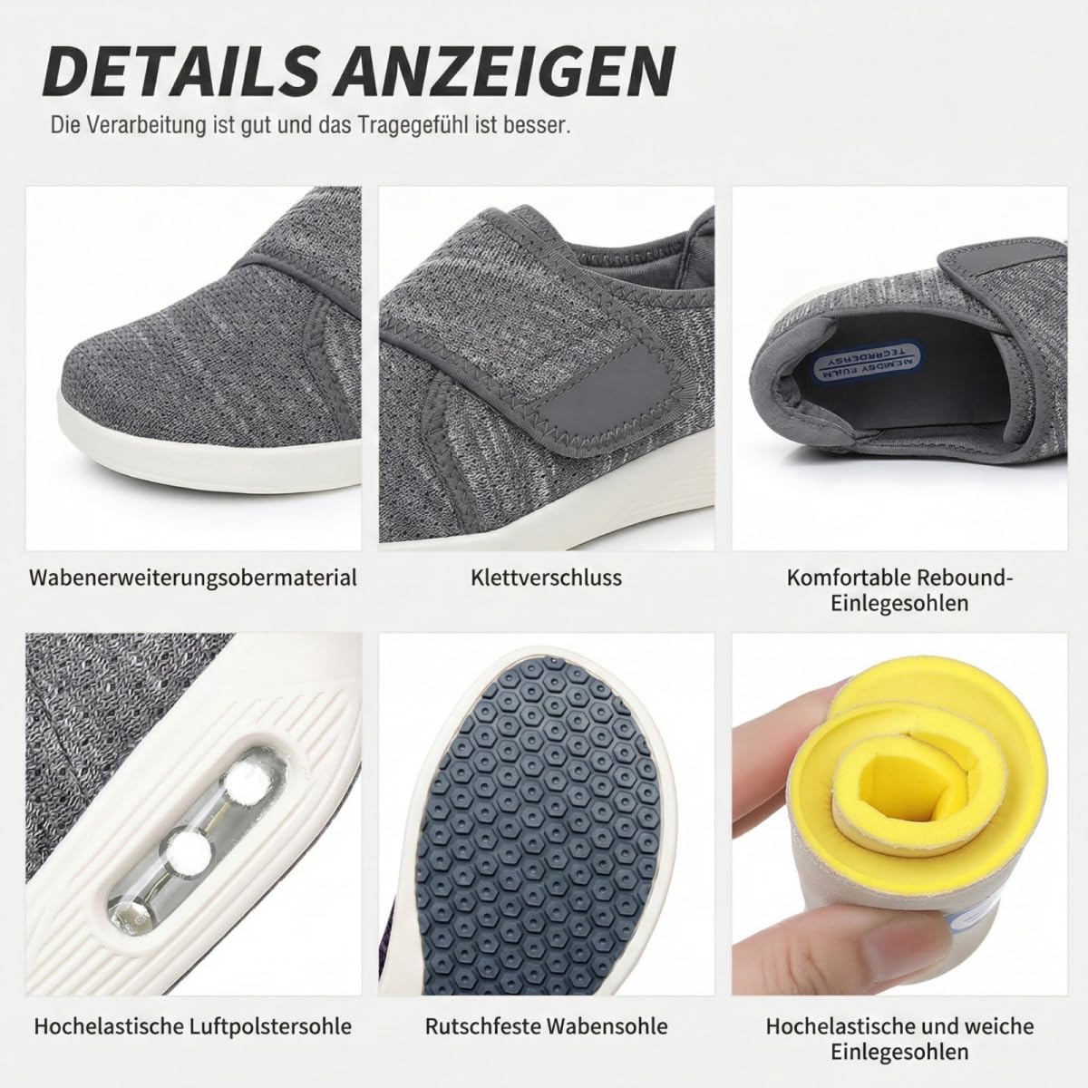 VibeCraft Diabetiker Schuhe Herren Damen Extra Weit mit Klettverschluss Orthopädische Komfortschuhe für Geschwollene Füße Leichte & rutschfeste Sohle
