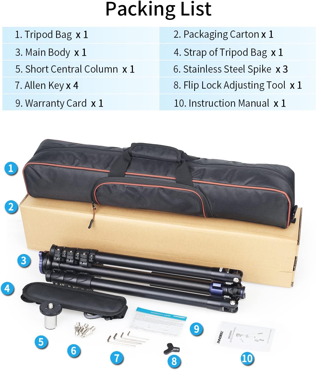 Image showing all items included in the packing list: tripod bag, packaging carton, main tripod body, strap, short central column, stainless steel spikes, Allen keys, flip lock adjusting tool, warranty card, and instruction manual.