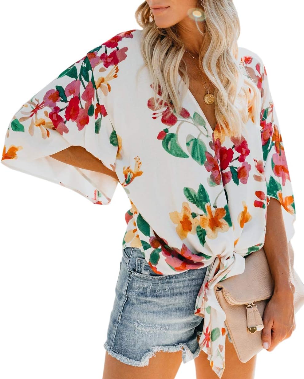 Womens Stripes Blouses Tie Front V Neck 3 4 Batwing Sleeve Plus Size Casual Fashion 2019 Plain Summer Loose Fit Tops and Tunics Shirts Multicolor US16-18 X-Large