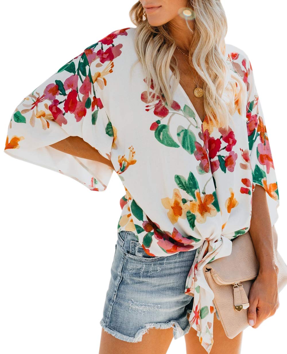 Womens Stripes Blouses Tie Front V Neck 3 4 Batwing Sleeve Plus Size Casual Fashion 2019 Plain Summer Loose Fit Tops and Tunics Shirts Multicolor US16-18 X-Large