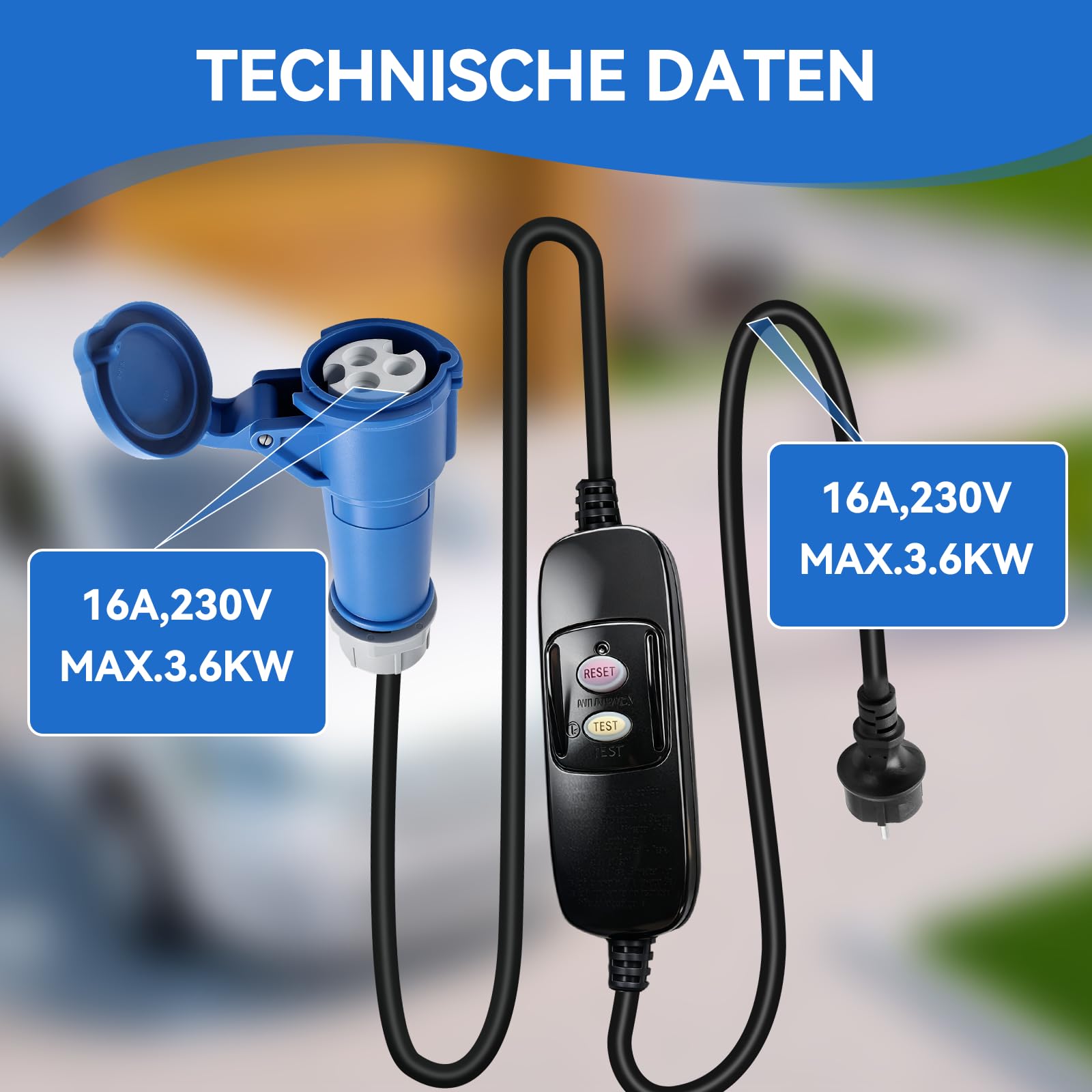 Cable Adaptador Schuko a CEE de 150 cm, 230 V, con Protección contra Fugas, Clase de Protección IP44/IP55, para Autocaravanas, Coches Eléctricos, Camping y Remolques de Construcción