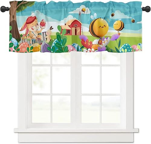 Ochine Cortina de ventana de Pascua, cenefa con bolsillo para barra, cortinas de Pascua, conejo, huevos coloridos, decoración de primavera, cenefas