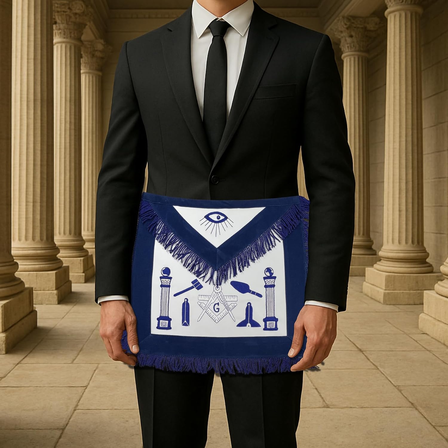 Fringed Master Mason Working Tools Masonic Apron - [Blue & White]