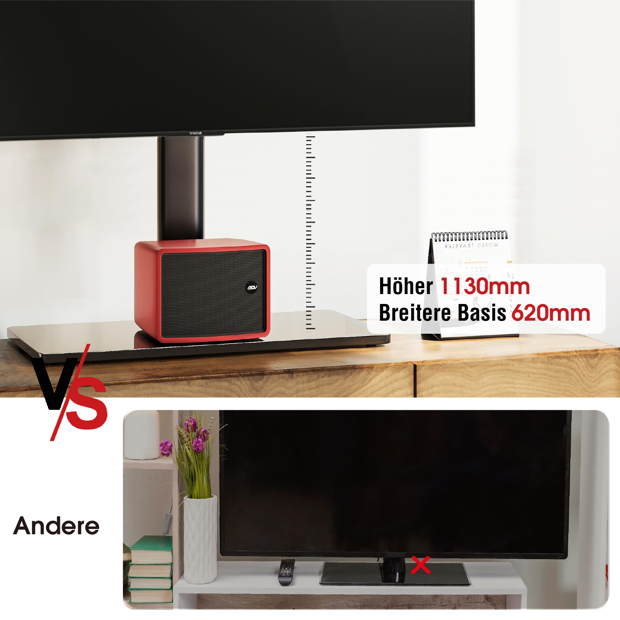AOKCOS TV Standfuss TV Ständer Höhe 1130mm für 43-75 85 Zoll Fernseher, Neigbar Schwenkbar Höhenverstellbar Fernsehständer, Universal TV Standfüße Standfuss Max VESA 600x400mm 50KG (Schwarz)