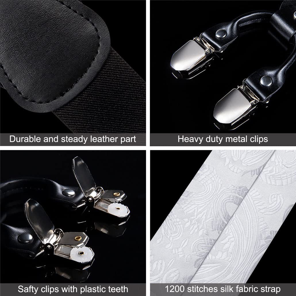 keusyoi Luxuriöse Herren-Hosenträger aus Seide, verstellbar, 6 Clips, Leder, Metall, Fliege, Brosche, Einstecktuch-Set