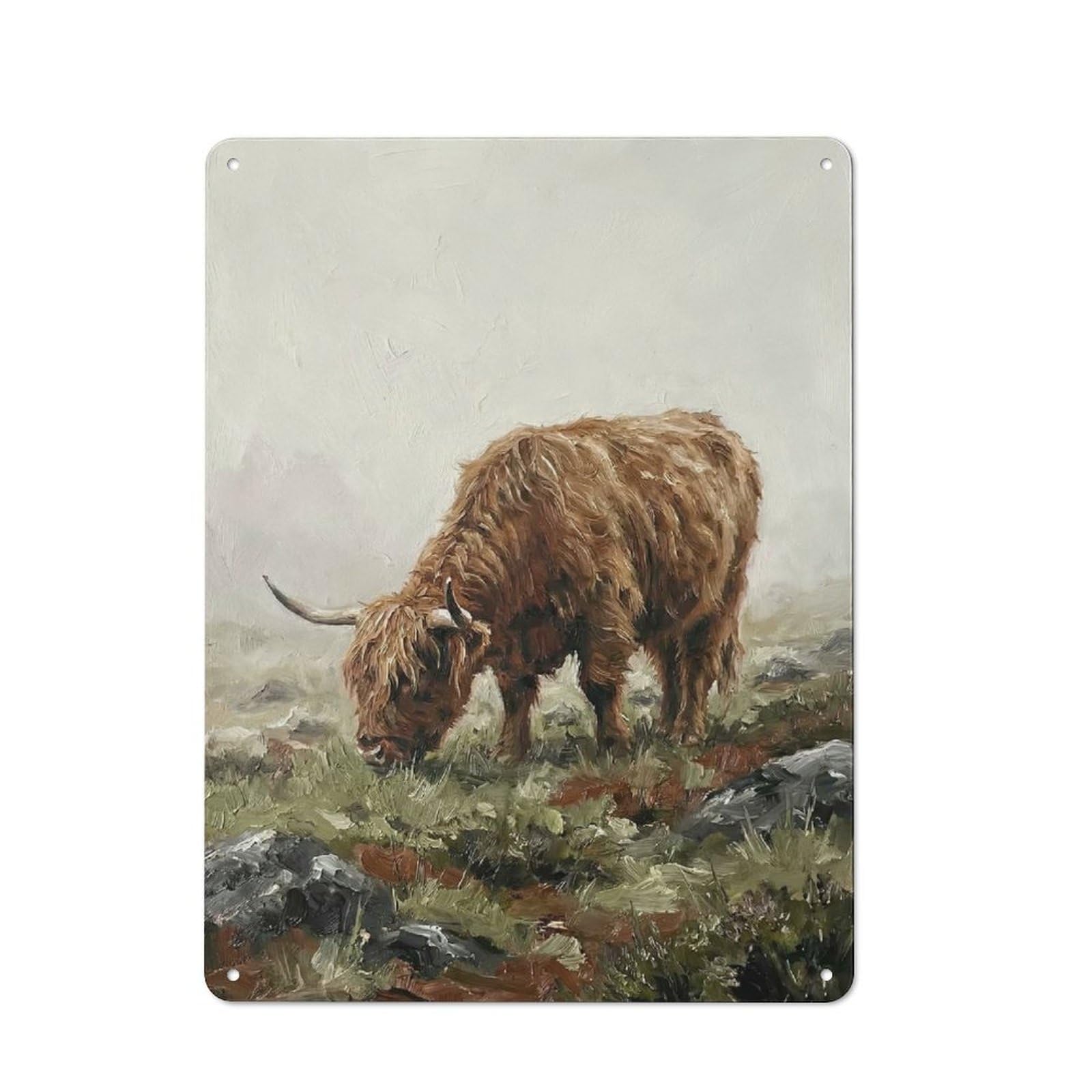 Junmoney Style-17 Vintage Tin Sign With Highland Cow Grazing In Misty Landscape Design 40X30cm, Vintage Cafe Wall Decor For Coffee Bar, Kitchen, Bistro Or Tea Corner