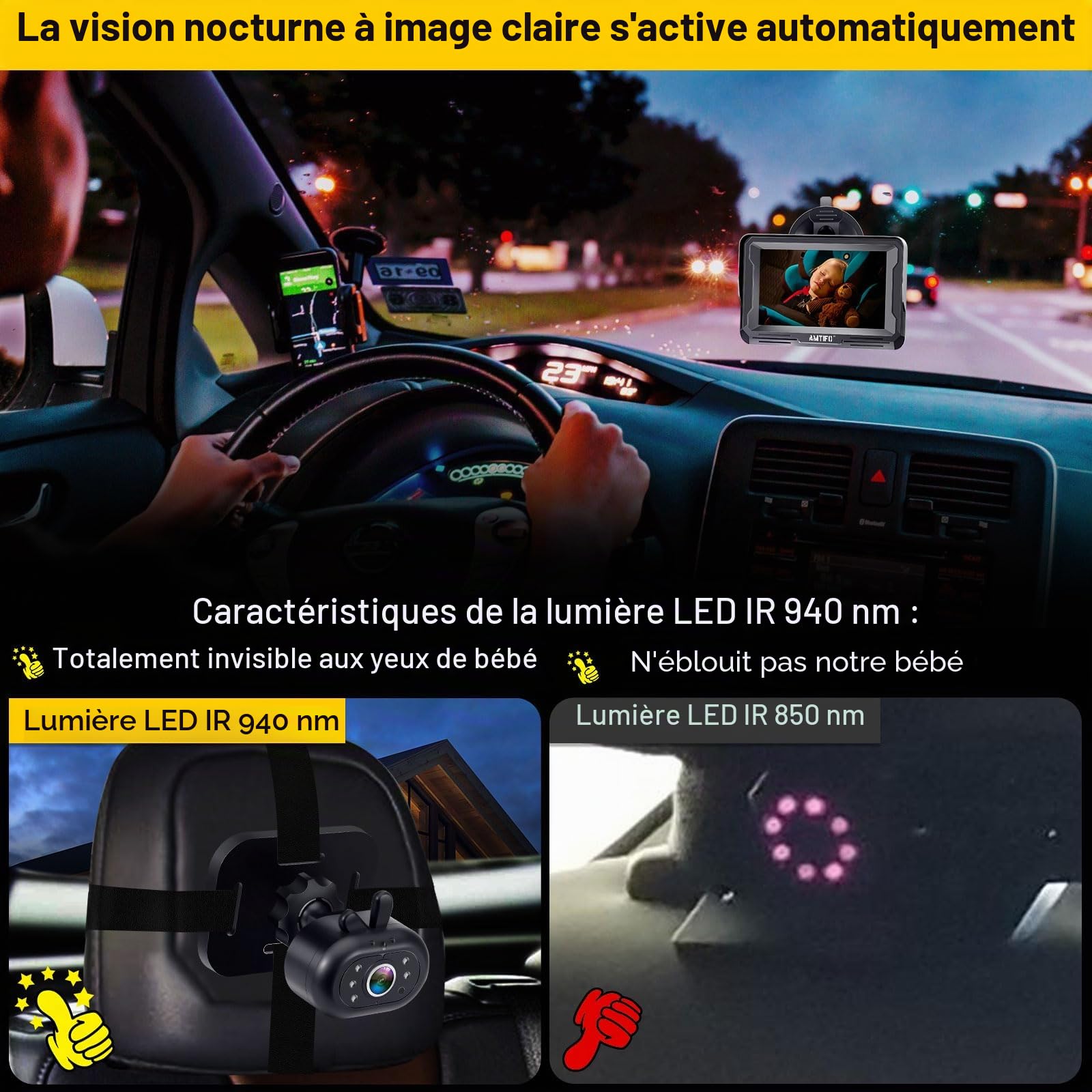 AMTIFO Baby Car Camera Easy Install: Clear Night Vision 2Mins Plug-Play Backseat Camera 360 Rotation Rear Facing Car Baby Monitor with Camera