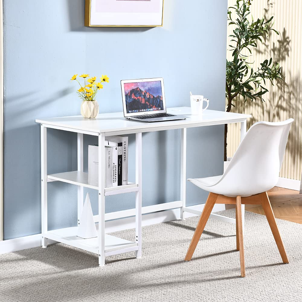 4HOMART Wooden Computer Desk, Home Office Workstation PC Laptop Gaming Writing Table Study Desk with 2 Tier Shelves (White)