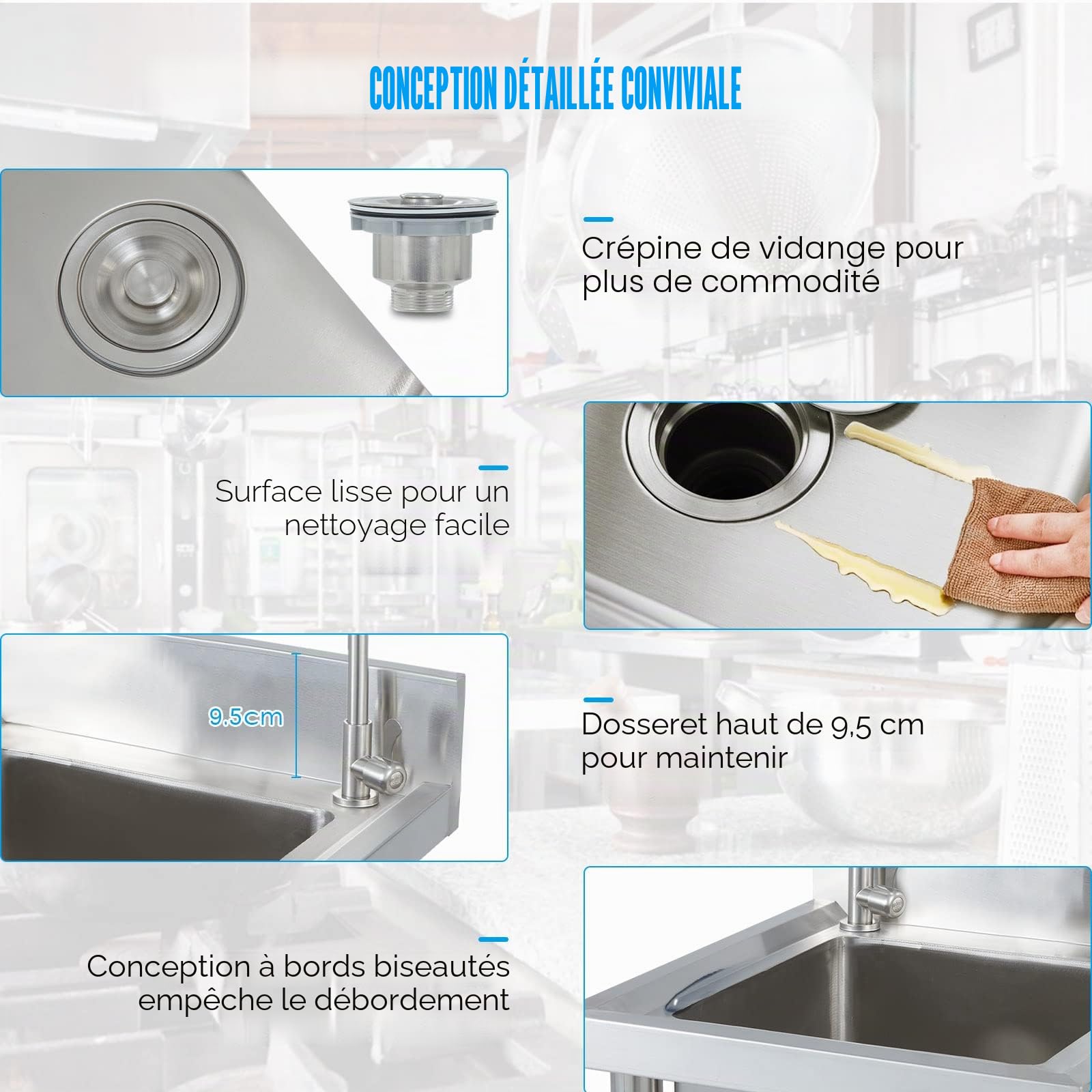 Évier de Restauration sur pied en Acier Inoxydable 304 pour Buanderie, avec Robinet et Vidange, plan de Travail, Éviers Industriels pour Garage, Éviers Commerciaux pour Restaurant, Atelier
