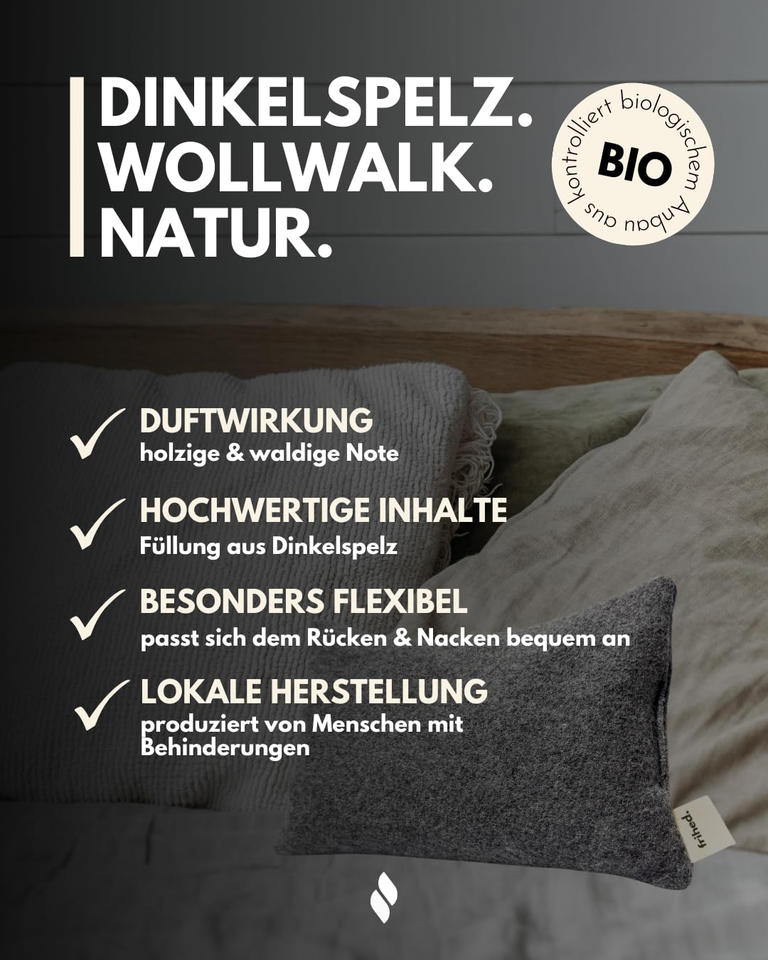 frihed® Wellnesskissen mit Dinkelspelz - 35x25 cm - Schlafkissen - 100% Wollwalk - Nackenkissen für Zuhause, Ruheraum & Entspannung - 100% Schafschurwolle - handgefertigt in Lüneburg