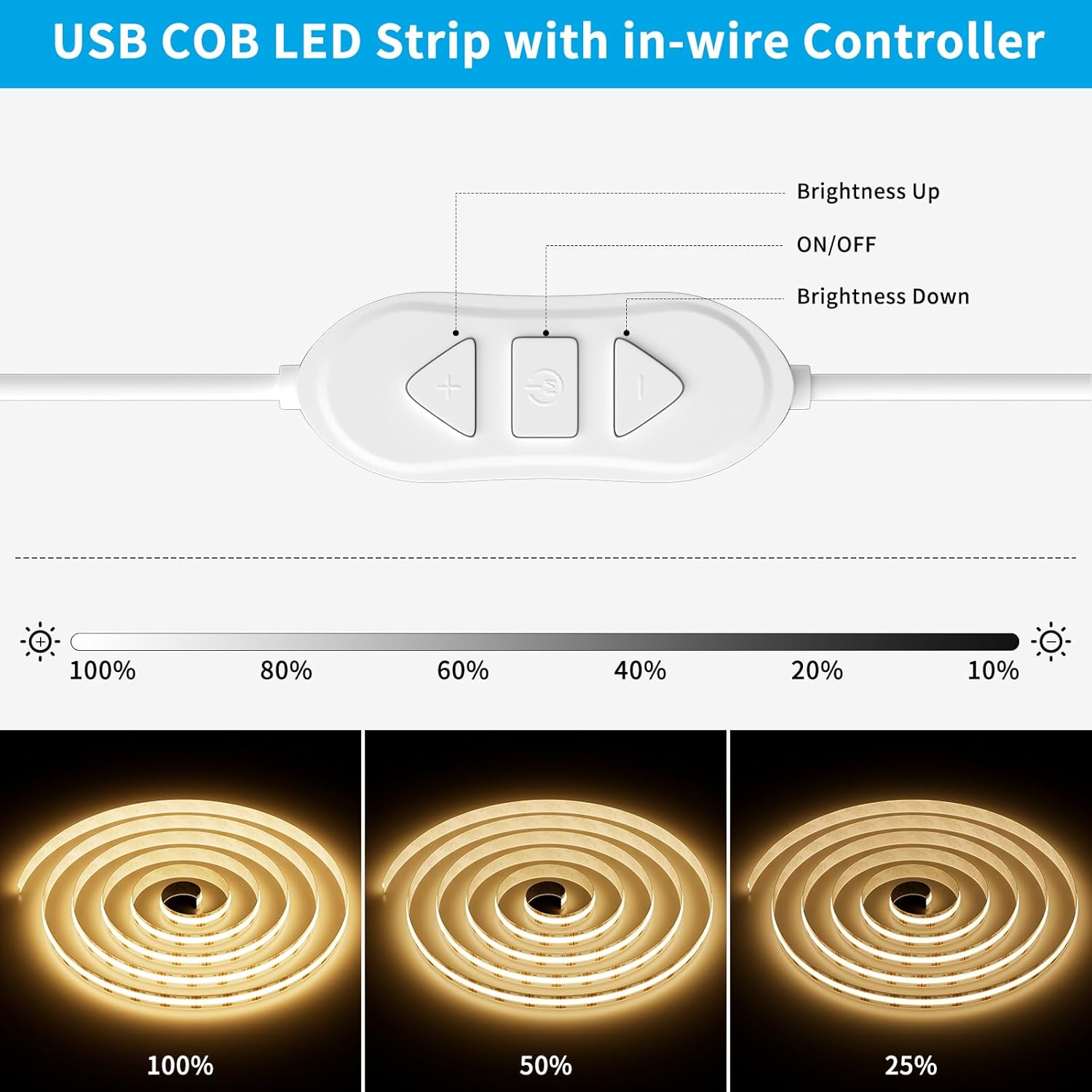 USB 5V COB LED Strip Lights 3.28ft/1M, Warm White 2700K Dimmable USB Powered Density COB Tape Flexible Cuttable LED Strip for TV Backlight, 3D Printer, RV, Sewing Machine, Bedroom, Mirror