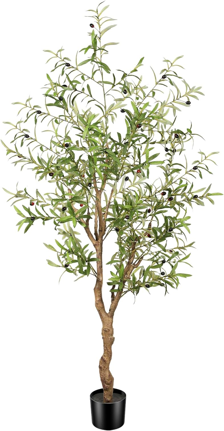 Artificial Olive Tree 6ft -Tall Fake Potted Olive Silk Tree with Planter Natural Olive Branches and Realistic Leaves - Faux Olive Tree for Home House Office Decor Indoor