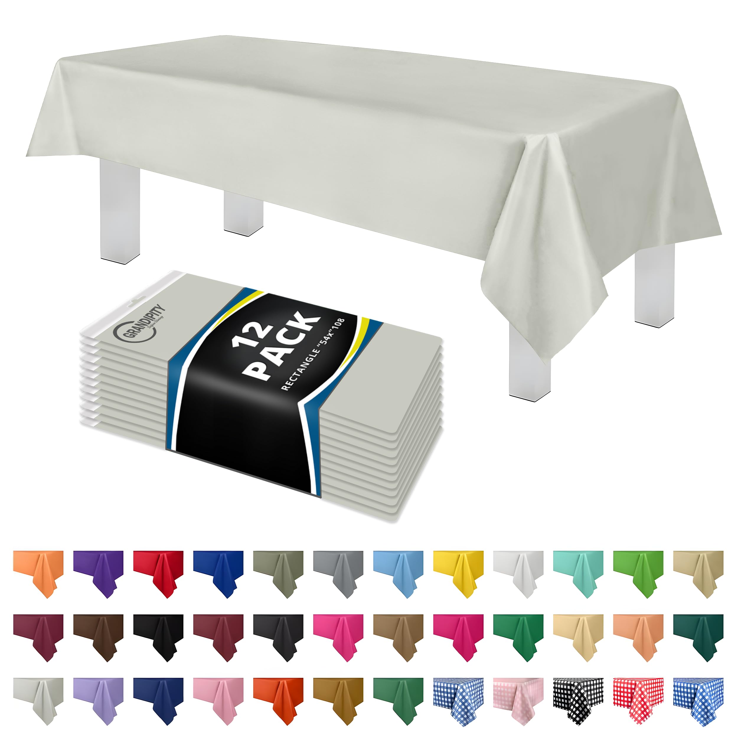 Light Grey 12 Pack Premium Plastic Tablecloth 54 Inch. x 108 Inch. Rectangle Table Cover By Dluxware