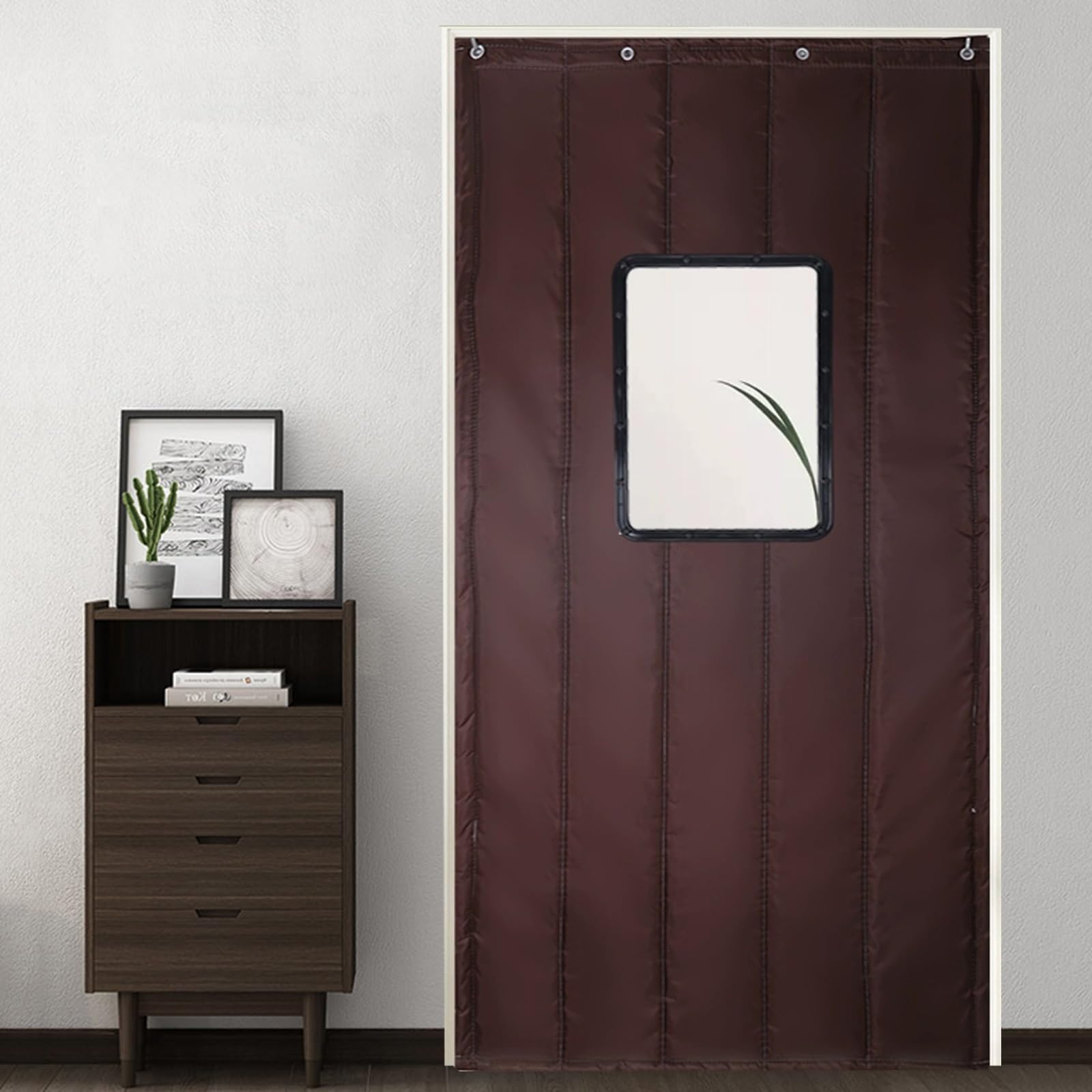 Thermovorhang Türvorhang mit Transparentem Fenster, Thermovorhänge Aus Oxford-Gewebe für Den Winter, Lärmschutzvorhang(Brown,90 * 240cm/35 * 94in)