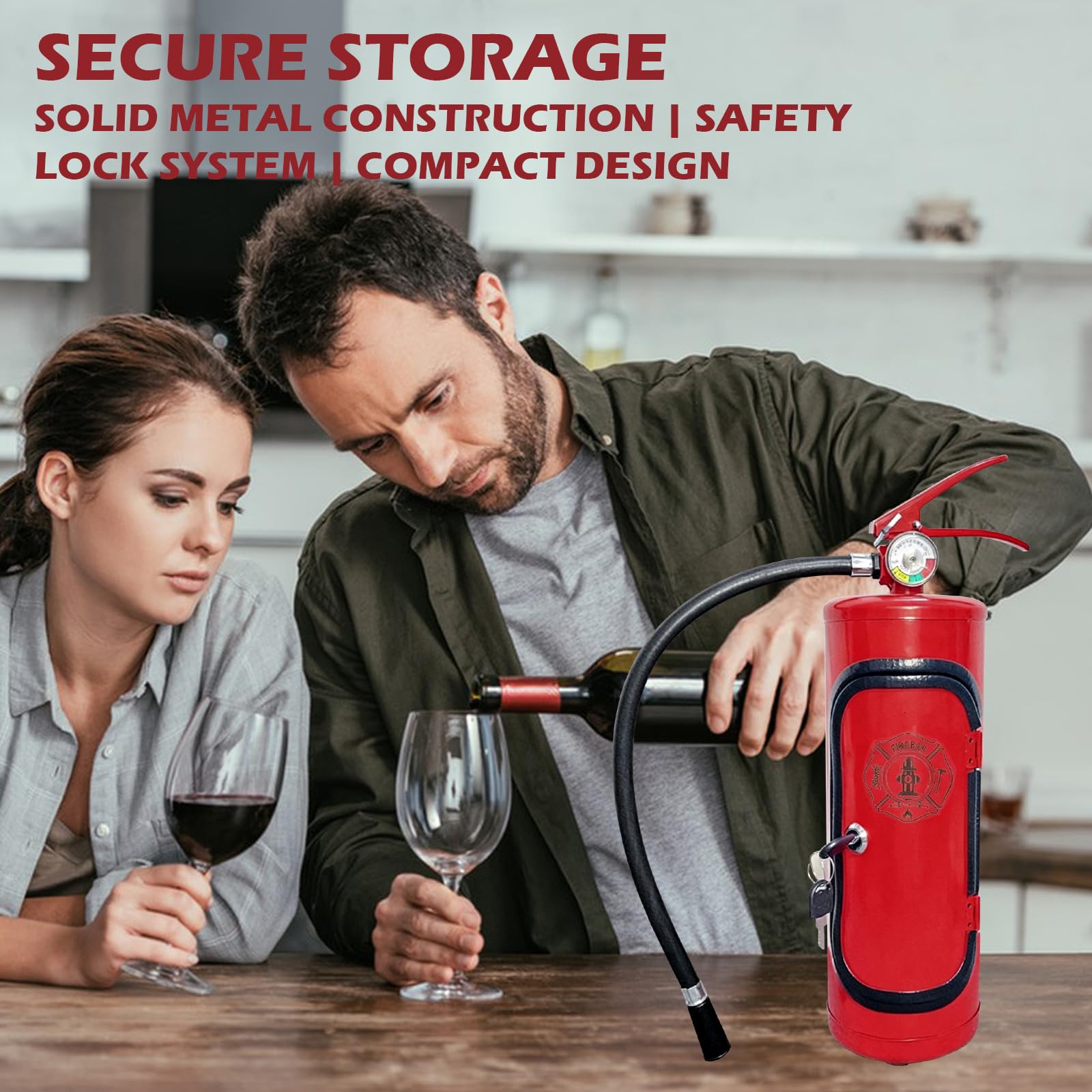 Feuerlöscher Weinschrank, Mobile Bar, Neuheit für Liebenden Feuerwehrmann, Wein Aufbewahrungsboxen, Handgefertigte -Geschenk for Whisky-Liebhaber und Feuerwehrleute（Es ist innen leer） (Rot)