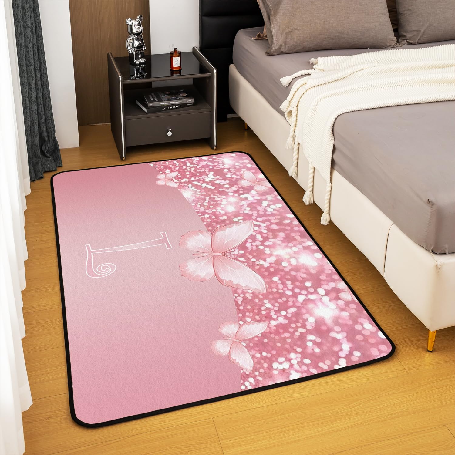 Rose Bowknot Lettre L Tapis Exterieur garçons Filles Mignon Papillon Tapis Salon 100x150cm Antidérapant Mousse Glitter Impression Chambre à Coucher décor