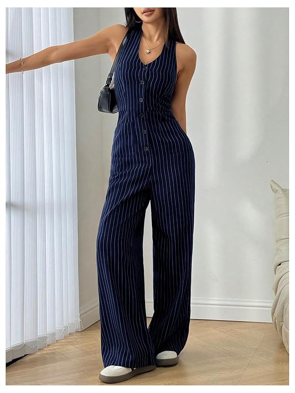 Verdusa Women's Striped Button Down Halter Jumpsuits Sleeveless High Waisted Straight Leg One Piece Dressy Rompers Dark Blue Small by Verdusa - Used condition - Image 5