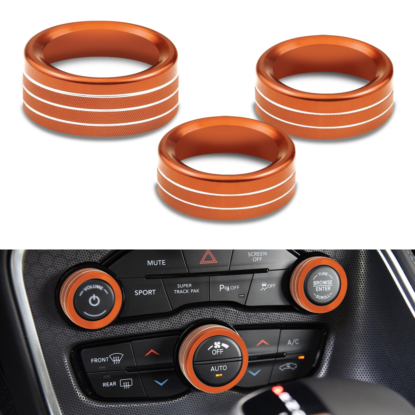 3PCS AC Air Conditioner Switch Button Knob Cover, Climate Control Knob Cover, AC Switch Volume Tune Controller Aluminum Alloy Trim, Car Accessories for Challenger Durango 2015-2022 (Orange)