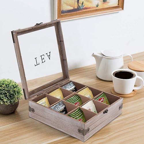 Miniatura 2 de handrong Organizador de caja de té, almacenamiento rústico para bolsitas de té, soporte para bolsas de té para paquetes de cápsulas de azúcar y más,