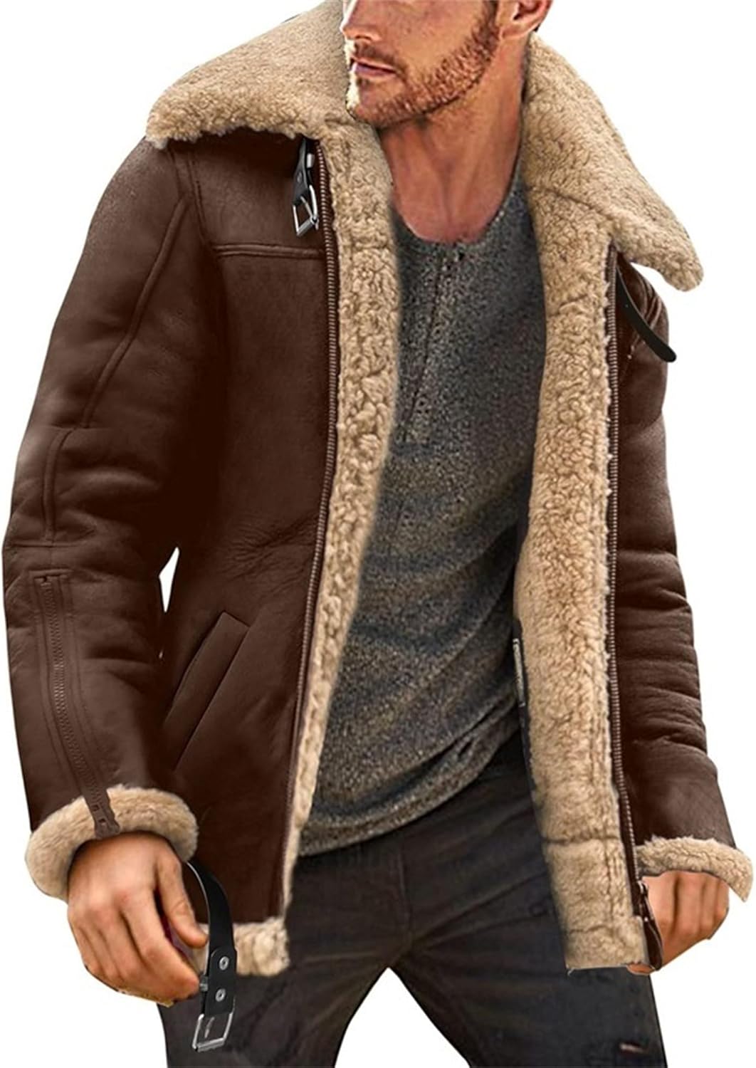 Mens Lapel Faux Fur Collar Thicken Bomber Overcoat Vintage Thicken Fuzzy Leather Jacket Winter Warm Coat