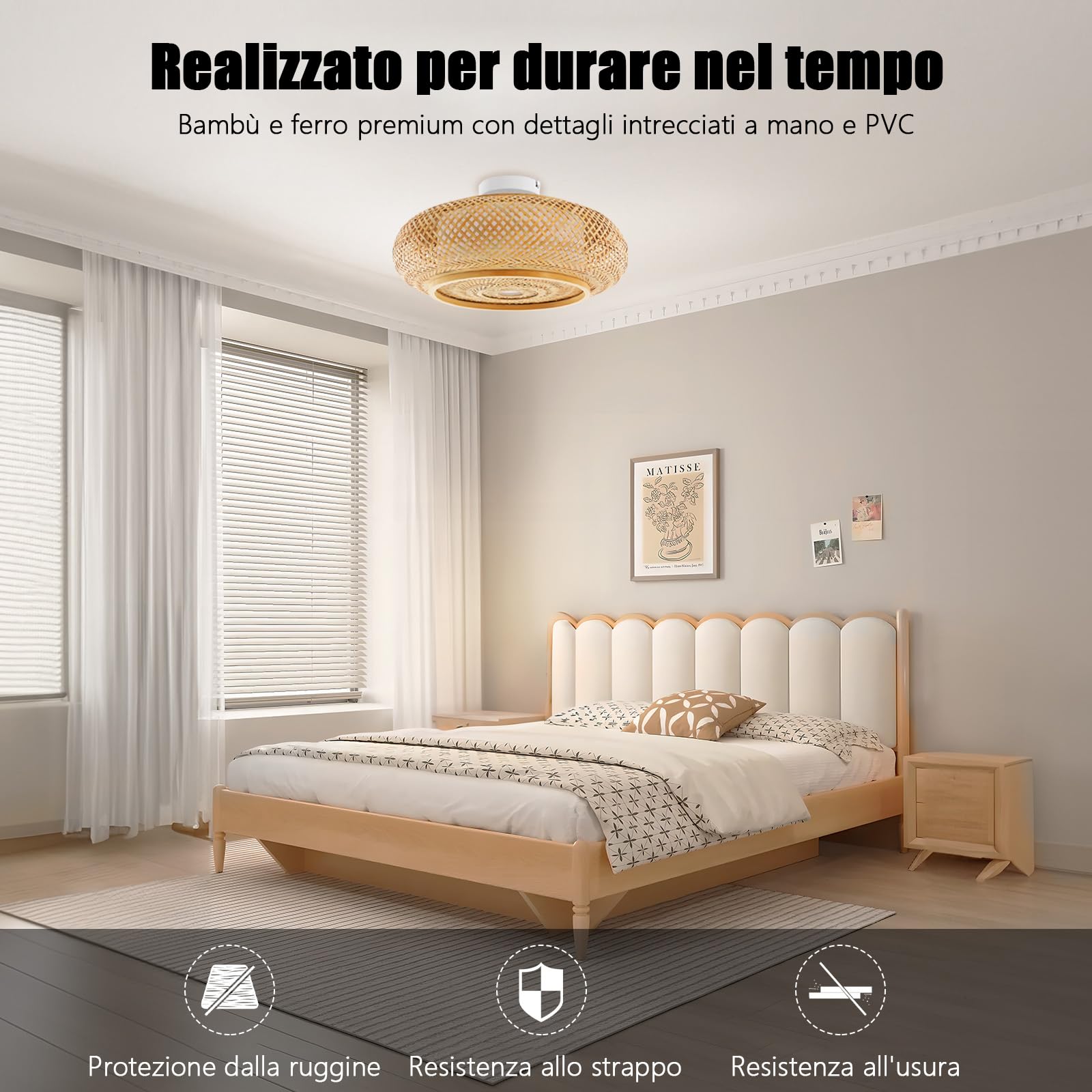 Lampada da soffitto in bambù, stile retrò, 3 luci, per corridoio, boho, tessuto a mano, in legno, 40 x 14 cm, lampada a sospensione in rattan per LED/lampadina/lampada fluorescente