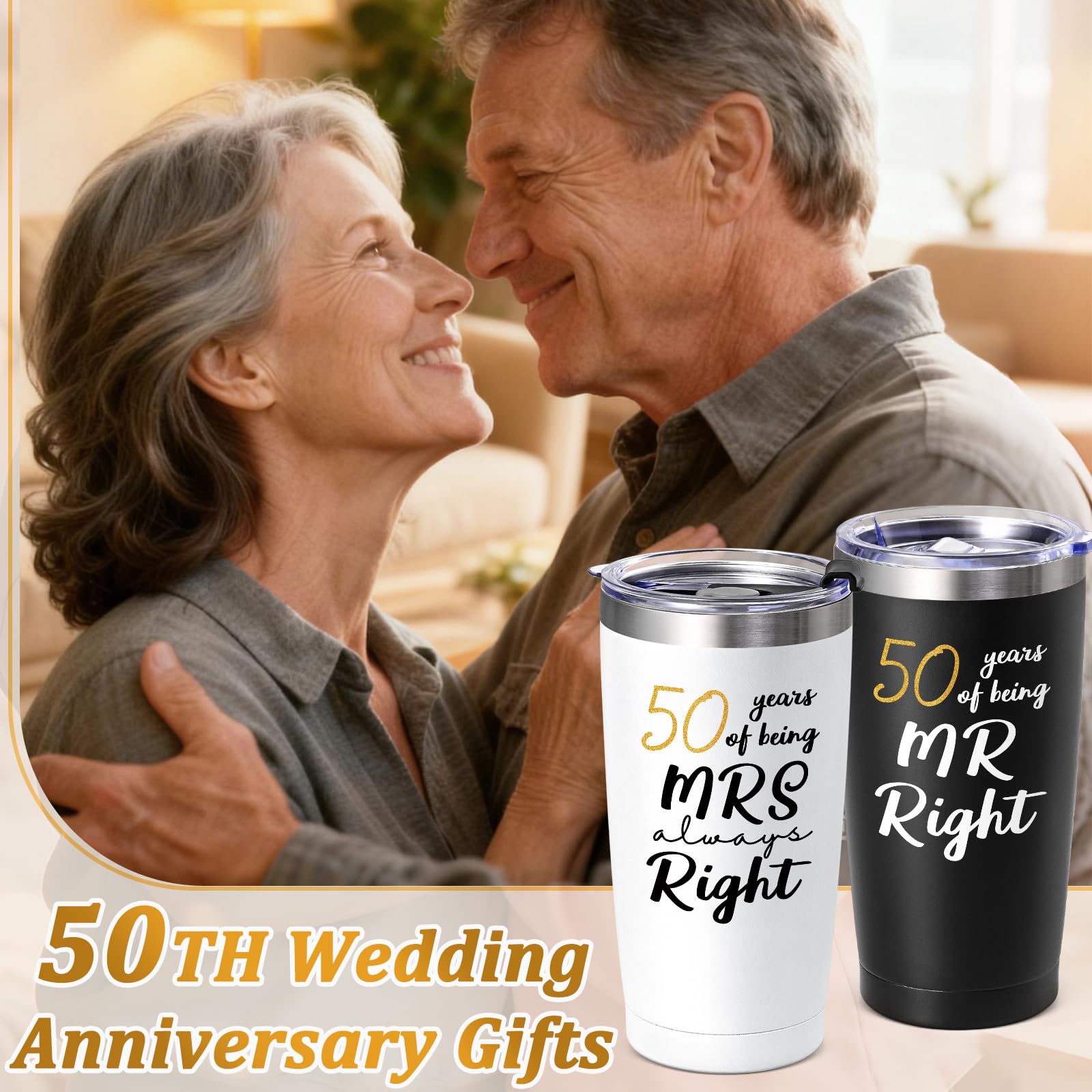 Lifecapido 50th Wedding Gifts, Couple Gifts Ideas for Parents Friends Hunsband Wife, 50th Mr Right & Mrs Always Right Tumbler Set with Lid & Straw(20oz, Black & White)